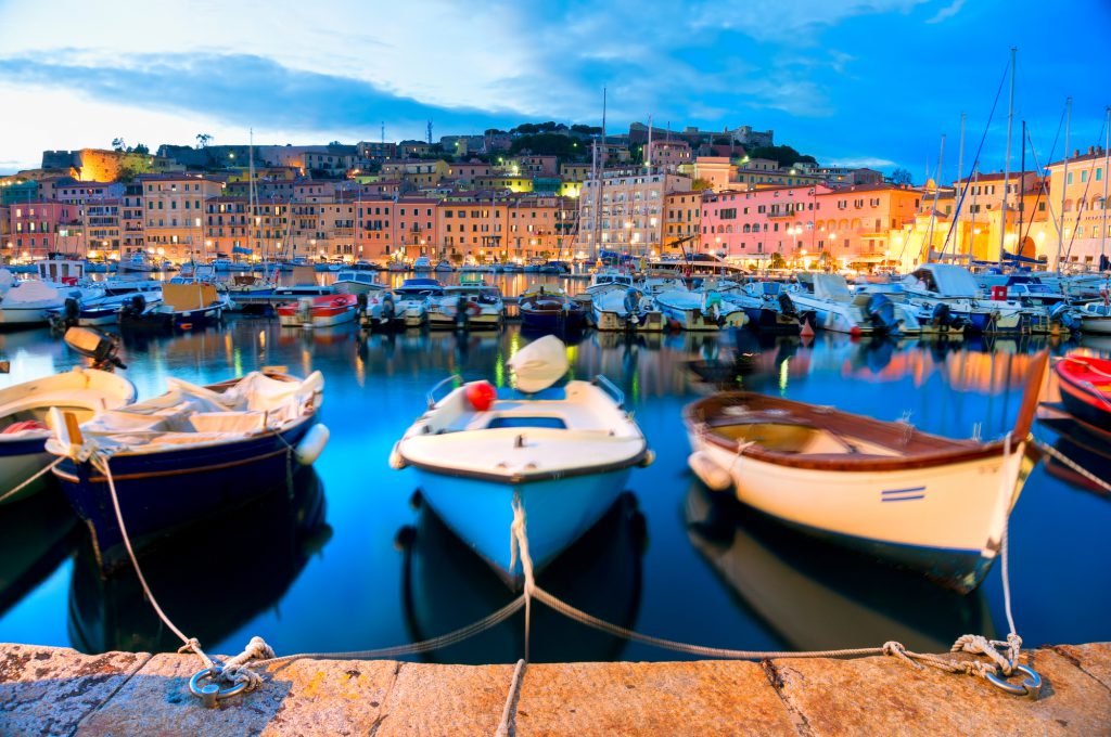 View of Portoferraio old city, with the Forte Stella and the Napoleon Villa. Isle of Elba, Livorno, Italy.