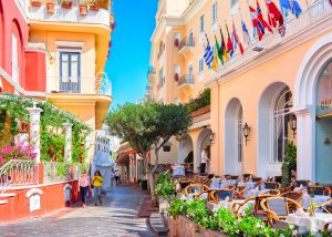 Capri, Italy - October 3, 2017: Tourists at Street cafes on Capri Island, Italy